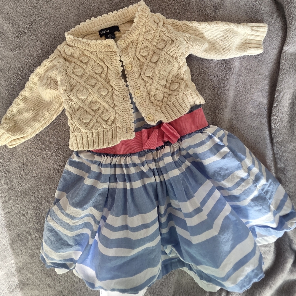 Gap Baby Cream Cardigan Sweater Blue and White Striped Dress